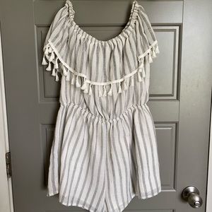 White + gray off-the-shoulder romper